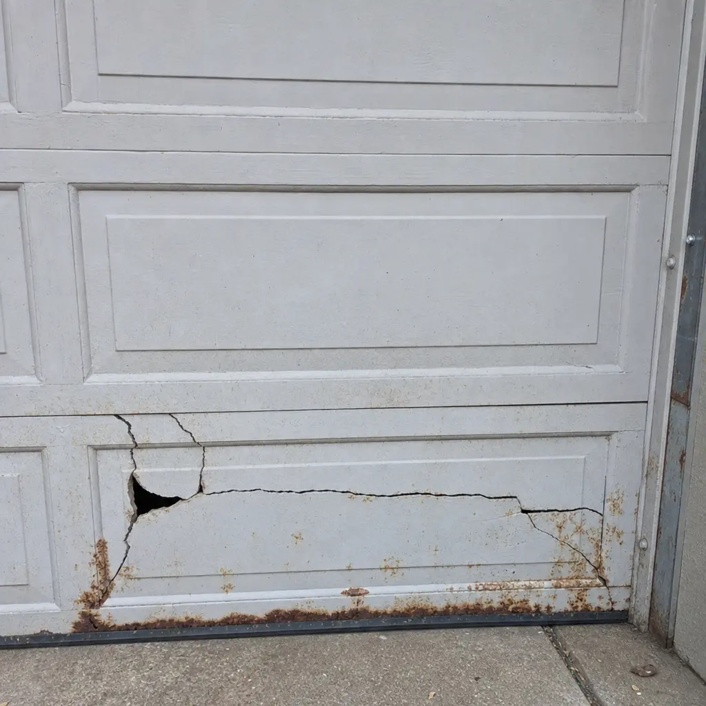 Damaged garage door panel showing visible wear and deterioration