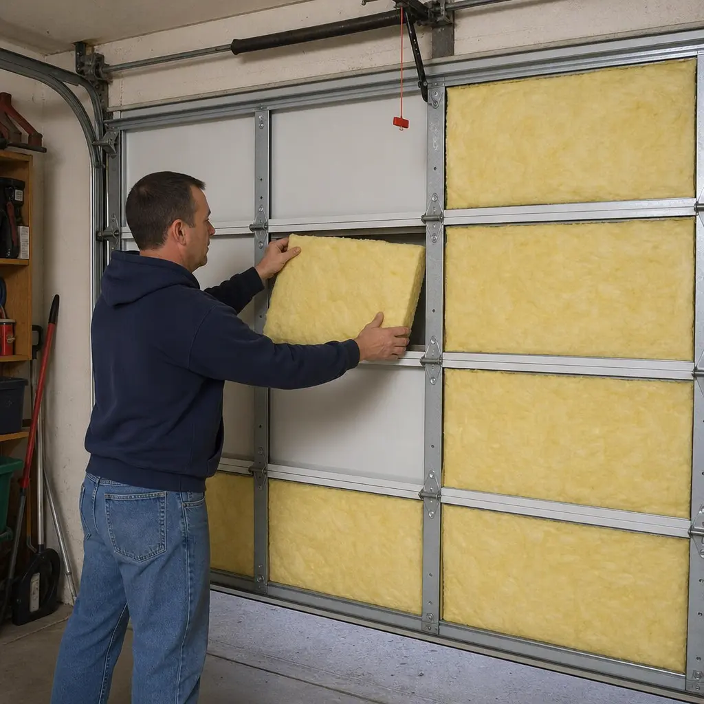 Fiberglass insulation panels installed inside a sectional garage door