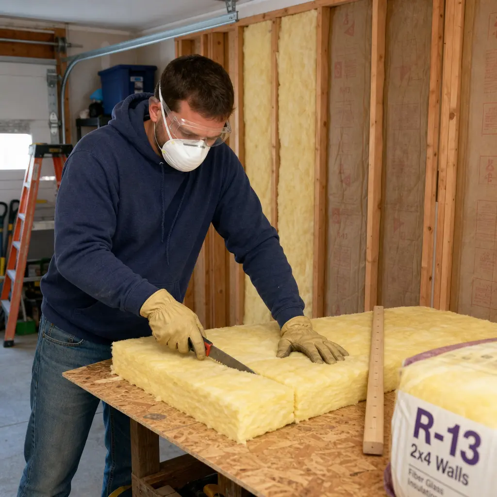 Person wearing gloves and eye protection while preparing fiberglass insulation