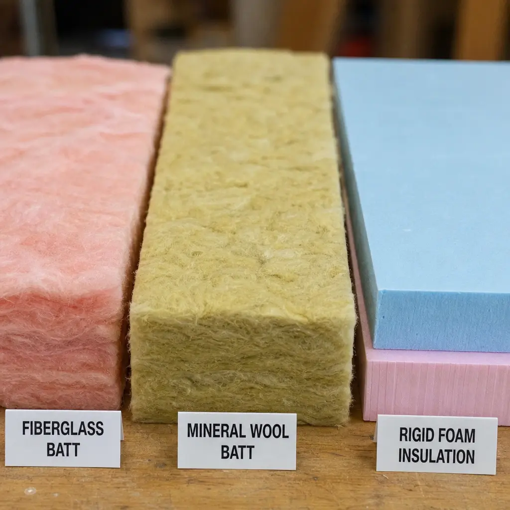 Fiberglass insulation and rigid foam materials used for garage door insulation