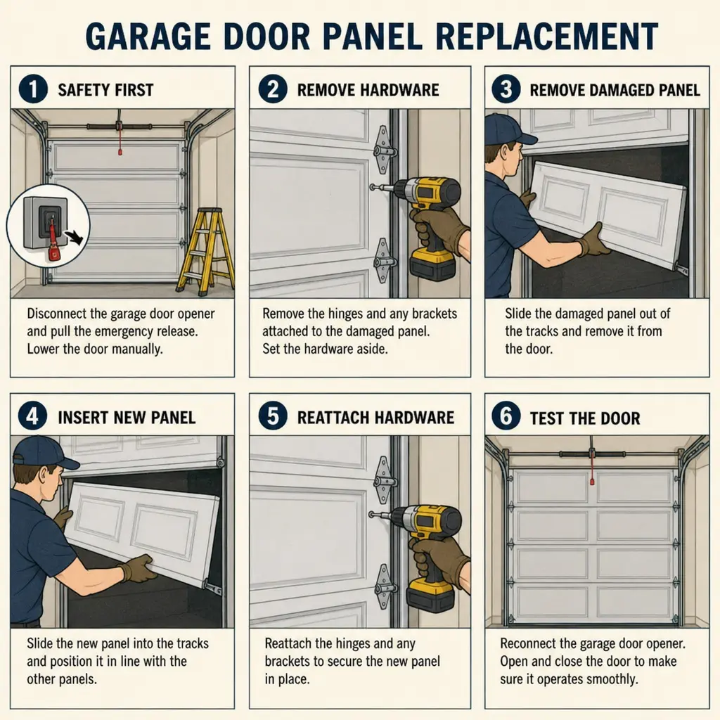 Technician evaluating a garage door for panel replacement