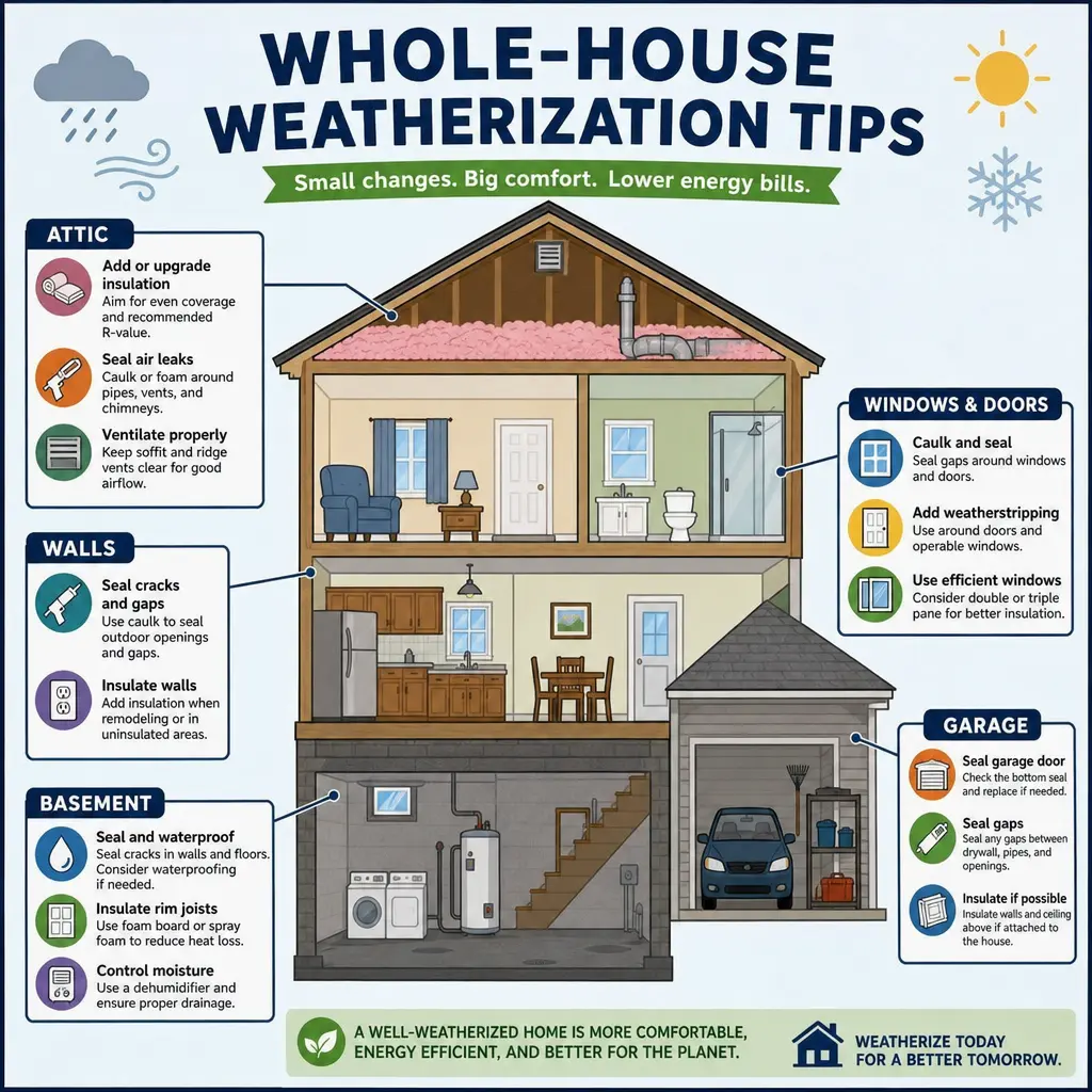 Whole-home weatherization diagram showing the garage, attic, walls and foundation